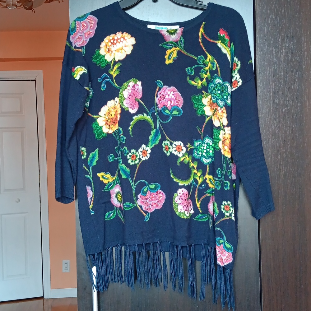 Desigual Yovana Navy Floral Sweater with Tassel Fringe - Picture 5 of 8